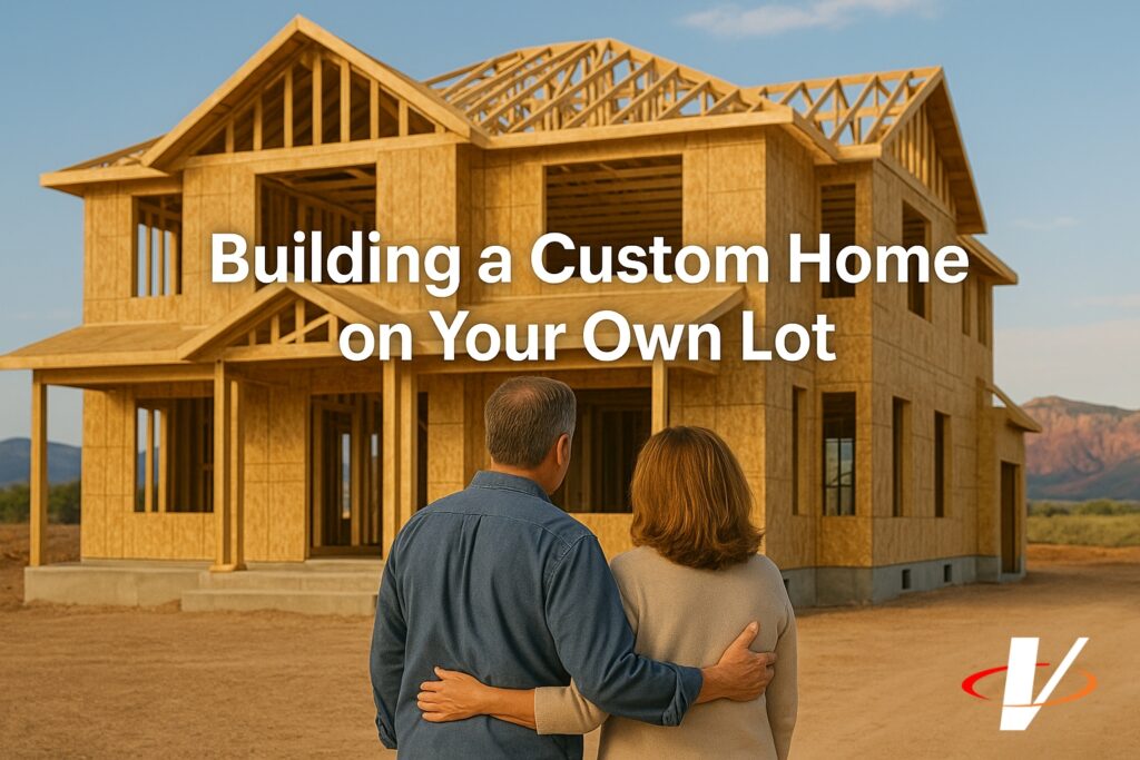 Middle-aged couple looking at a custom home being built on their lot in Iron County, Utah with mountains in the background - build on your lot iron county