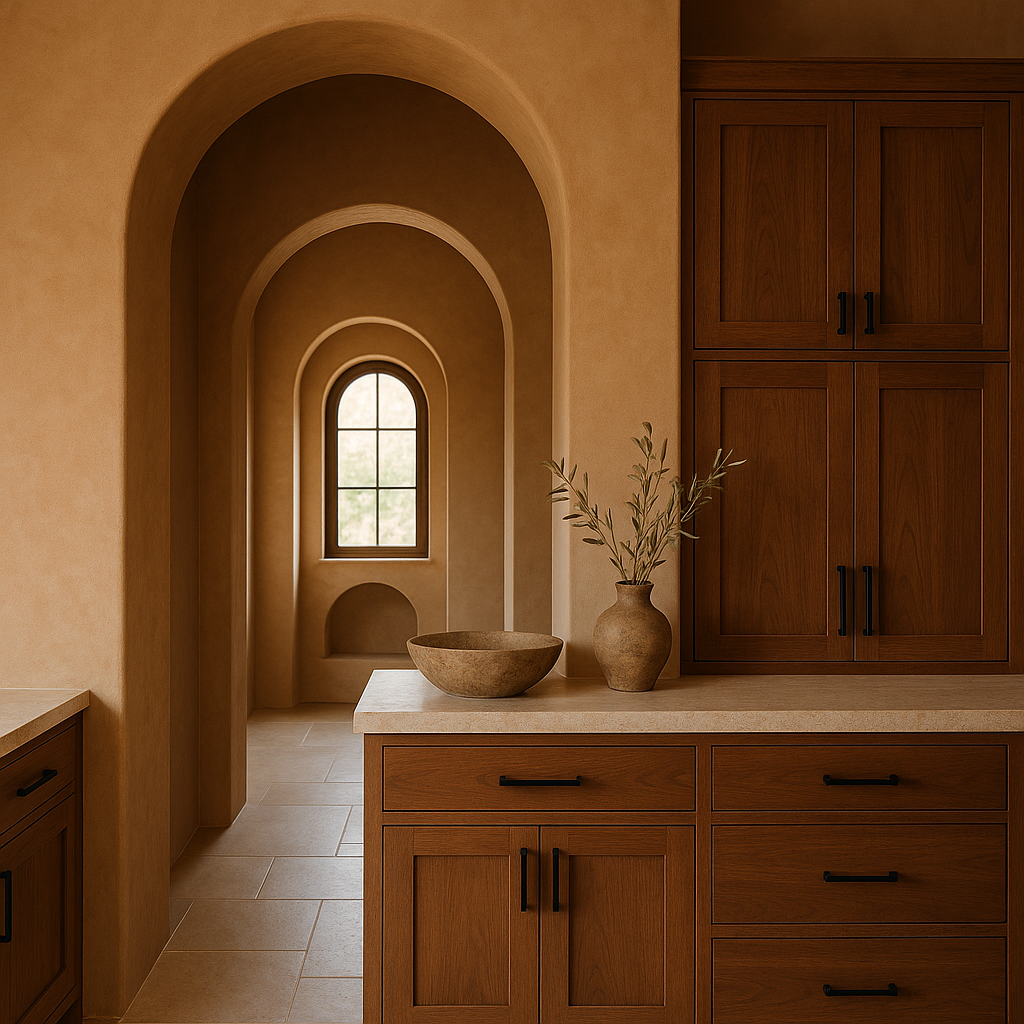 Architectural arches in a Southern Utah home interior with plaster walls, alder cabinetry, and warm natural materials by Velocity Homes