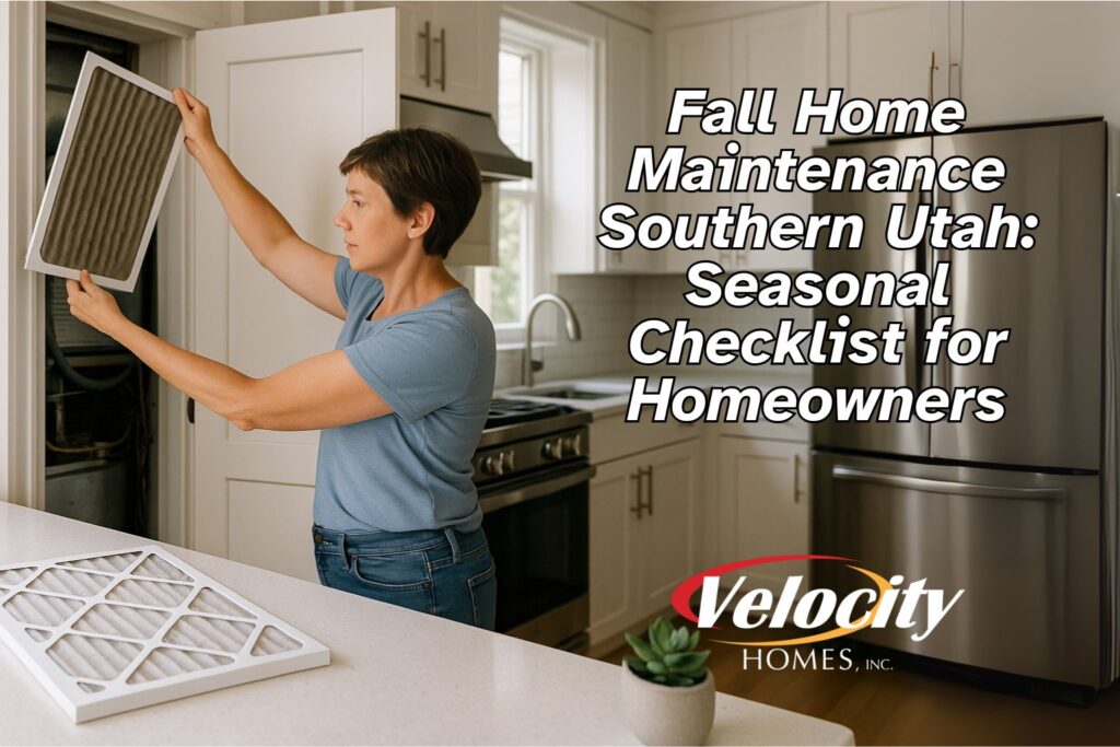 Homeowner changing a dirty HVAC filter in a modern Southern Utah kitchen as part of fall home maintenance checklist